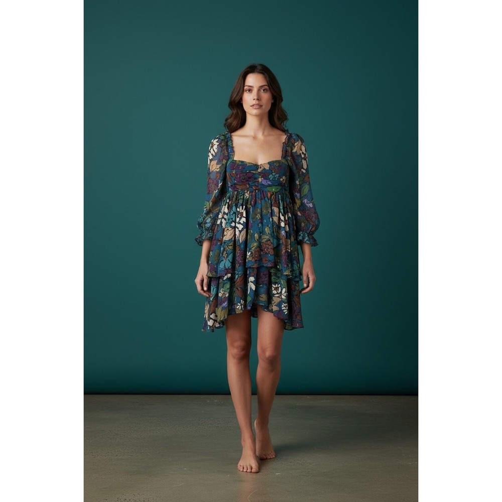 Meet me in Santorini Floral Babydoll Dress Square Neck Tiered Ruffle Sleeve XS
